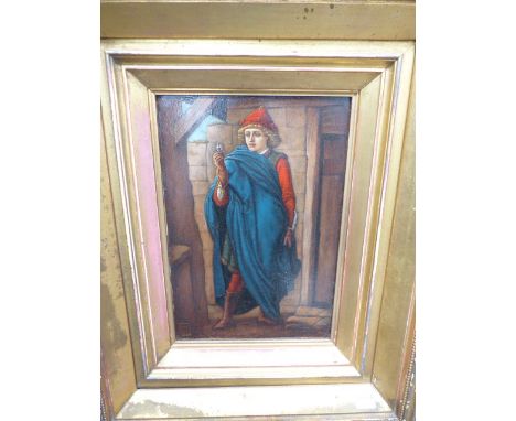 ENGLISH 19TH.C.PRE RAPHAELITE SCHOOL. A PORTRAIT OF A CLOAKED MEDIEVAL FIGURE SIGNED WITH MONOGRAM AND DATED 1884, OIL ON BOA