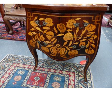 A DUTCH FLORAL MARQUETRY TWO DRAWER BOMBE COMMODE.