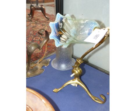 A BENSON DESIGN BRASS ADJUSTABLE TABLE LAMP WITH AN OPALESCENT FLARED FORM SHADE, POSSIBLY BY POWELL TOGETHER WITH ANOTHER HA