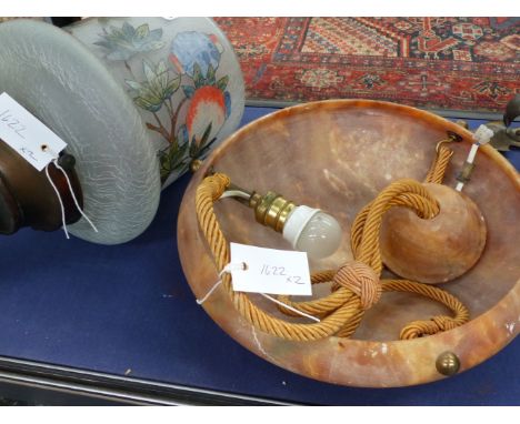 A VINTAGE FROSTED GLASS HALL LANTERN WITH POLYCHROME CHINESE STYLE DECORATION, H.42cms TOGETHER WITH AN ADJUSTABLE PLAFFONIER