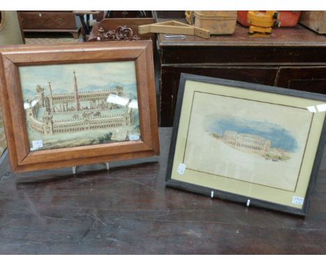 AN OLD MASTER WASH DRAWING OF THE CIRCUS MAXIMUS  20x27cms TOGETHER WITH A LATER WATERCOLOUR OF THE COLOSSEUM.