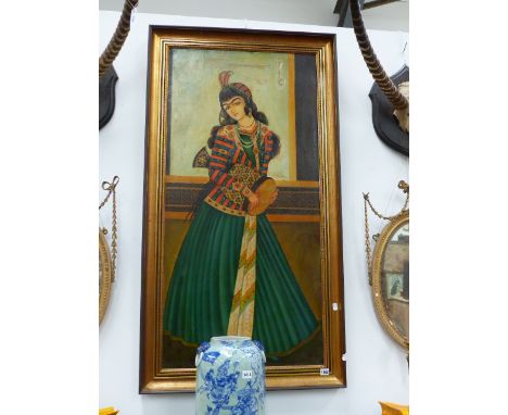 A PORTRAIT OF A PERSIAN FEMALE MUSICIAN HOLDING A DRUM. OIL ON CANVAS, 121 x 60cms