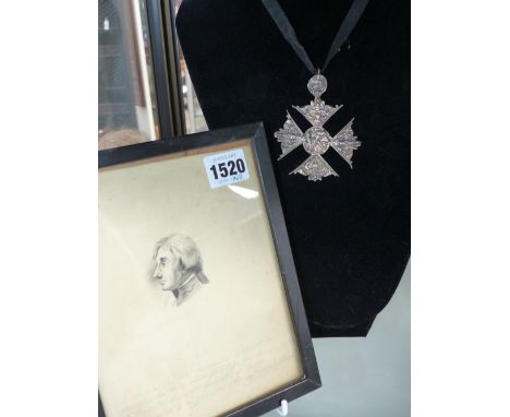 A VICTORIAN SILVER COLOURED METAL COMMEMORATIVE CROSS AND A WASH DRAWING BUST PORTRAIT OF ADMIRAL NELSON WITH INSCRIPTION.