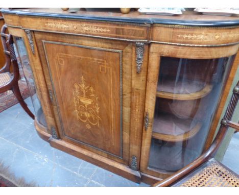 A VICTORIAN WALNUT AND BOXWOOD INLAID CREDENZA WITH GLAZED BOW SIDES.