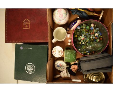 A mixed collection of items to include a Crown Derby penguin paperweight a/f, Royal Doulton figure af, marbles, crystal, came