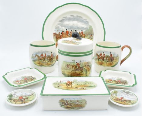 A collection of Copeland Spode pottery with hunting/ country scenes to include a biscuit barrel, a plate, a trinket box etc (