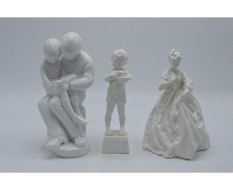 A collection of blanche china figures to include Royal Worcester Friday's Child, one other and Spode Story Time (3). In good 