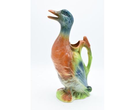20th century French Majolica Mallard Duck pitcher. Made in Saint Clement, France and numbered 7492/3. Imprint to base is fair
