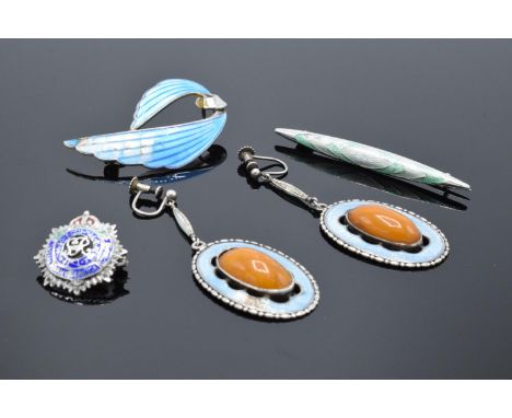 A collection of silver and enamelled jewellery to include a blue wings brooch Norway Sterling 925, a Sterling pair of blue en