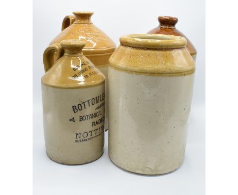 A collection of stoneware flagons to include Bottomley and Hey Botanical Brewers of Radford Notts, R Stevens EXors Wine and S