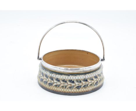 Doulton Lambeth bon-bon dish with a EPNS handle and rim by Elizabeth Atkins, circa 1880. In good condition with no obvious da