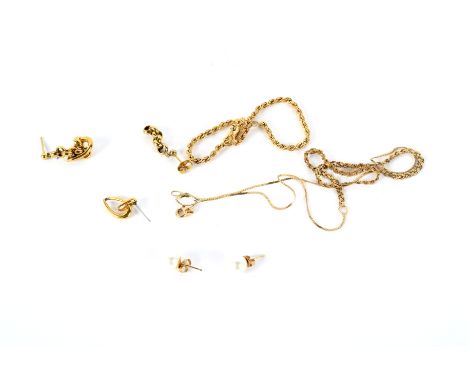 An assortment of gilt and yellow metal jewellery. Including a yellow metal twist-chain bracelet stamped '375', 2.1g, an Itali