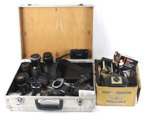 A quantity of assorted film camera equipment in an aluminium camera case. Including an Olympus mju -1 compact 35mm camera, a 