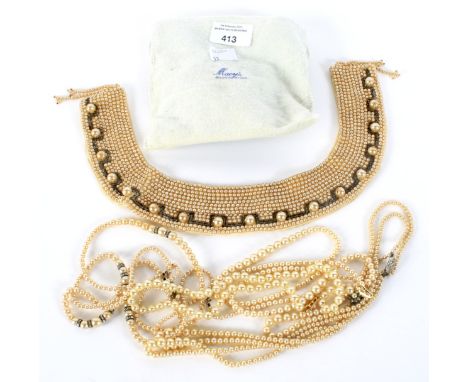 Four artificial pearl necklaces and a vintage beaded dress collar. The necklaces of assorted lengths and designs, the collar 