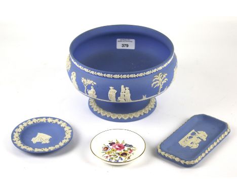 A 20th century Wedgwood blue jasperware bowl, two small dishes and a Royal Worcester small circular dish printed with flowers