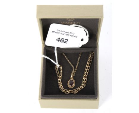 An Italian yellow metal necklace and a 9ct gold necklace with a garnet pendant. The Italian chain necklace stamped '375', app