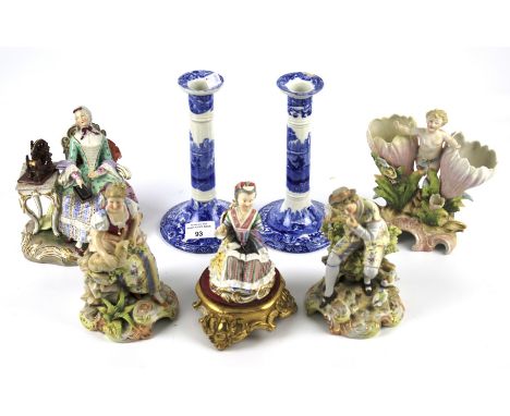 Five assorted 19th century ceramic figurines and a pair of Copeland Spode's Italian  candlesticks. Figurines including 'Sheph