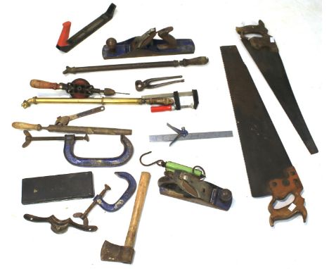 A quantity of assorted hand tools. Including two large hand saws by Disston &amp; Sons, Philadelphia. A micrometer, two vinta