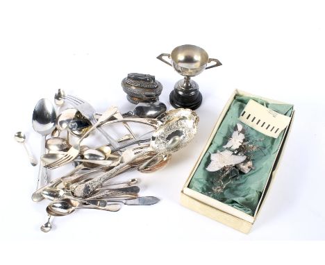 An assortment of 19th century and later silver and silver plate. Comprising a trophy, miniature models of insects, flatware a