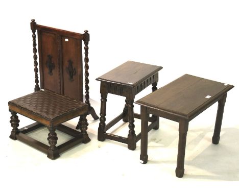 A collection of assorted small oak furniture. Including a fire screen, two stools (one with leather seat marked James Philips
