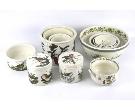 Twelve assorted Portmeirion ceramic vessels. Including Birds of Britain and Botanic Garden, storage jars, bowls, pots. etc. M