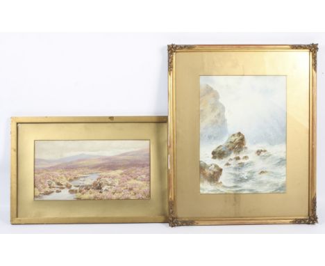 Bertram Moorish and T E Dungworth, (early 20th century), a heather moorland watercolour and a seascape watercolour. The moorl