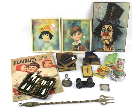A quantity of assorted vintage collectables. Including a cased mother of pearl manicure set, pictures, books, opera glasses, 