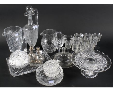 An assortment of 20th century glassware. Including a rectangular glass pot with a silver plated lid featuring a circular cera