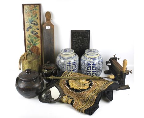 A group of ceramics and other items. Including a pair of modern Chinese porcelain blue and white jars and covers with blue do