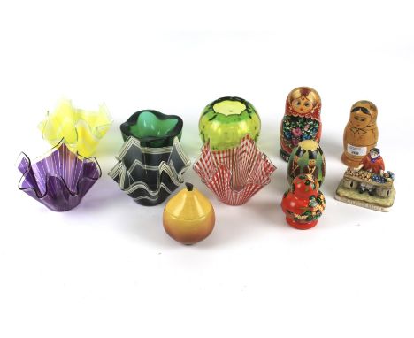 Assorted collectables. Including three glass handkerchief ornaments, a hand blown glass globe vase, three assorted Russian do