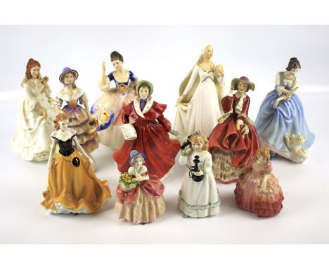 Ten assorted Royal Doulton 'Lady' figurines. Including Bride HN2873, 21cm high, Skater HN3439, Cissie HN1809, Rose HN1368, He