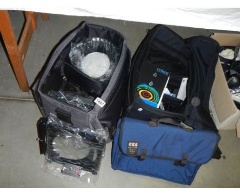 A large lot of camera/lighting accessories including books, bags etc., COLLECT ONLY.
