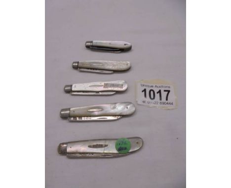 Five silver and mother of pearl fruit knives circa 1852, 1894, 1896, 1900 and 1923.