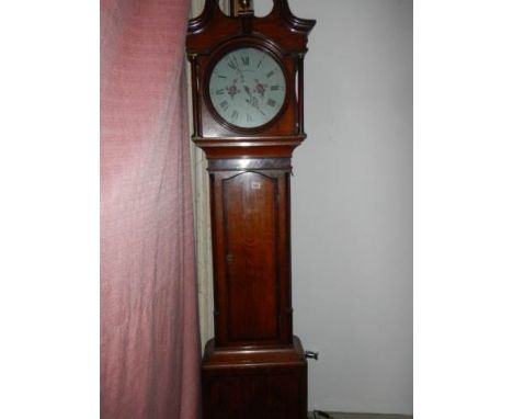 A 30 hour oak cased Grandfather clock with painted dial, cross banded inlay, complete and ticking but may need a service, COL