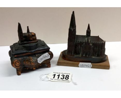 A pair of bronzed white metal models of Cologne/Koln Cathedral, 1 as a trinket box