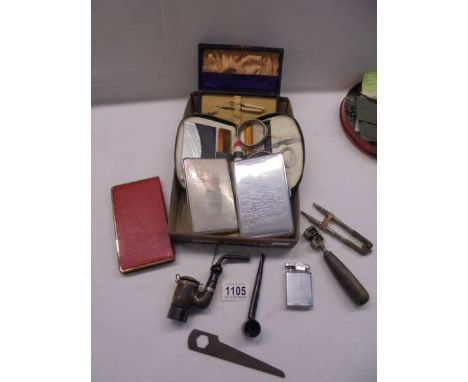A mixed lot including vintage cigarette cases, lighter, old pipe, novelty pipe/pen, manicure sets etc.,