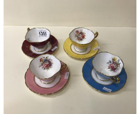 A set of 4 coloured Hammersley tea/saucer sets