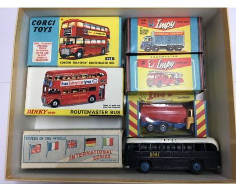 A collection of boxed model vehicles including Corgi, Morestone, Impy, and Dinky together with an unboxed Dinky BOAC coach