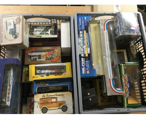 2 Boxes containingvarious boxed model vehicles including Corgi, Corgi classics, Lledo, Solido, Eastwood motors, Vanguards etc