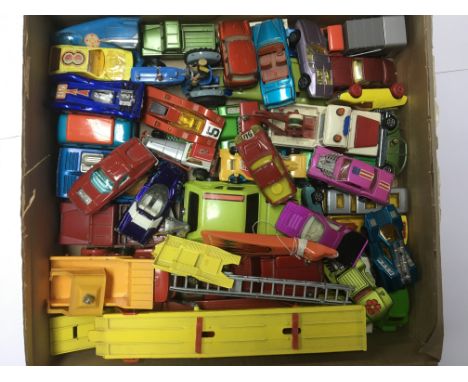 A collection of playworn model vehicles including Matchbox, corgi etc