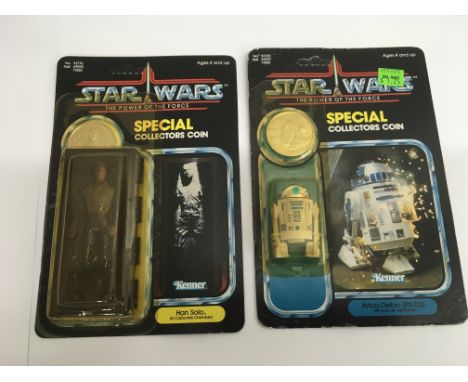 Two sealed vintage Star Wars Power of the force figures comprising Han Solo in carbonite chamber and R2D2 with green sensorsc