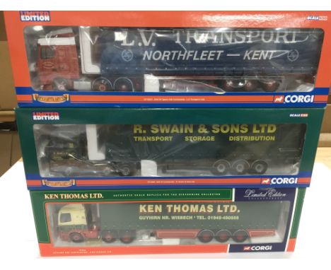 3 boxed Limited Edition Corgi container lorries including LV Transport ( Northfleet ) CC13227, R Swain CC13601, and Ken Thoma