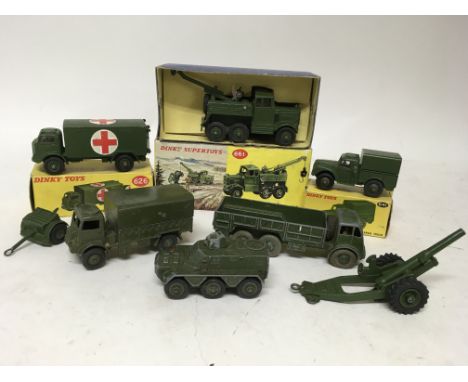 A collection of Dinky military vehicles including, Recovery Tractor boxed (661), Cargo truck (641), Military ambulance(one do