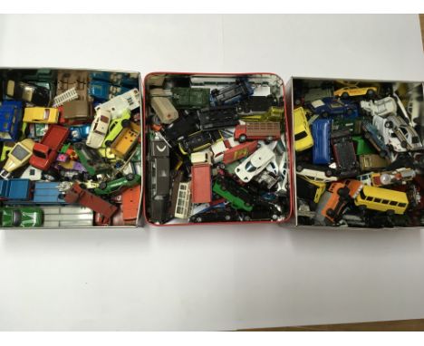 3 tins of unboxed model vehicles including, Corgi, Matchbox, schuco, lock ups, majorette etc