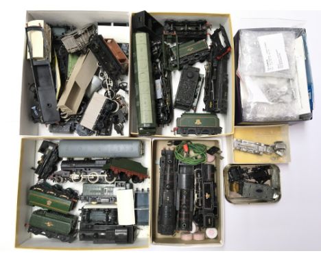 A collection of unboxed Hornby “ OO “ model railway engines and goods wagons, together with a box of white metal soldier kits