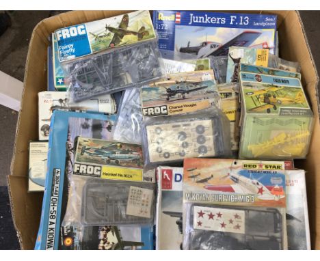 A large box of boxed plastic model kits of Aircraft by Revell, Frog, Airfix, Hasagawa, Heller etc