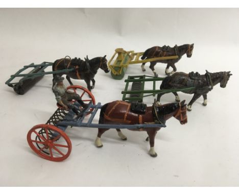 2 Britain’s horse drawn rollers, 1 horse drawn rake with figure, and 1 Charbens horse drawn roller with figure