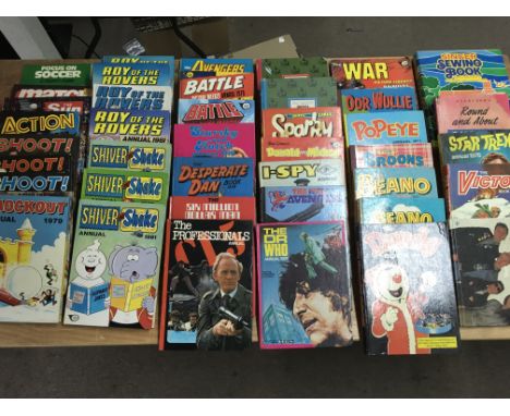 A collection of various annuals including Dr Who, The New Avengers, 6 Million dollar man, The Proffesionals, Star Trek, Popey
