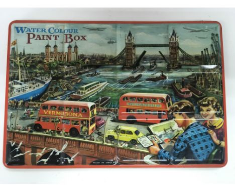 A vintage Page of London watercolour paint box, the cover depicting the Thames, London.