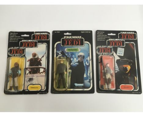 Three sealed vintage Star Wars figures comprising Luke Skywalker as Jedi Knight, Boushh on tri logo card and Weequay also on 